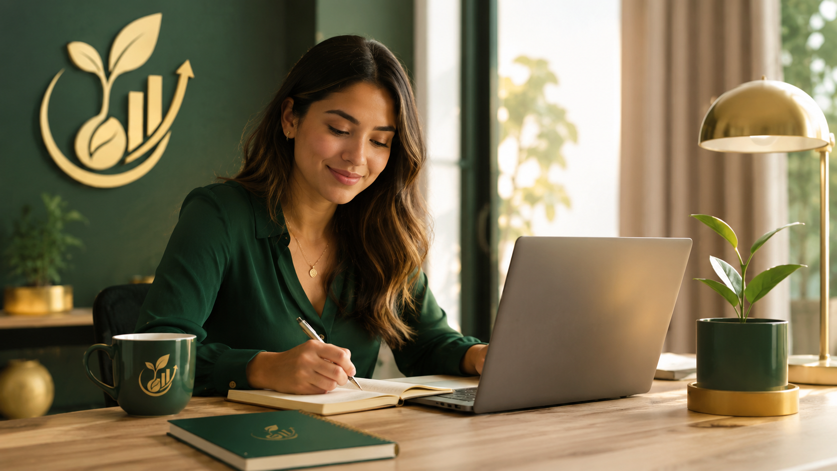 A woman planning her monthly budget at a bright desk with a laptop and notebook