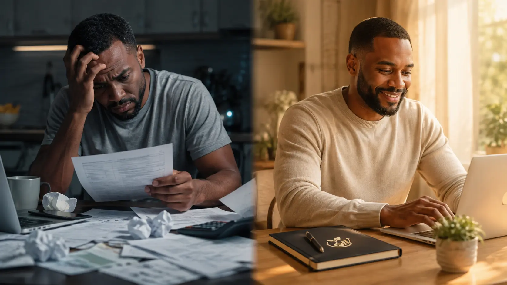 Split image showing financial stress on one side and calm, organized finances on the other