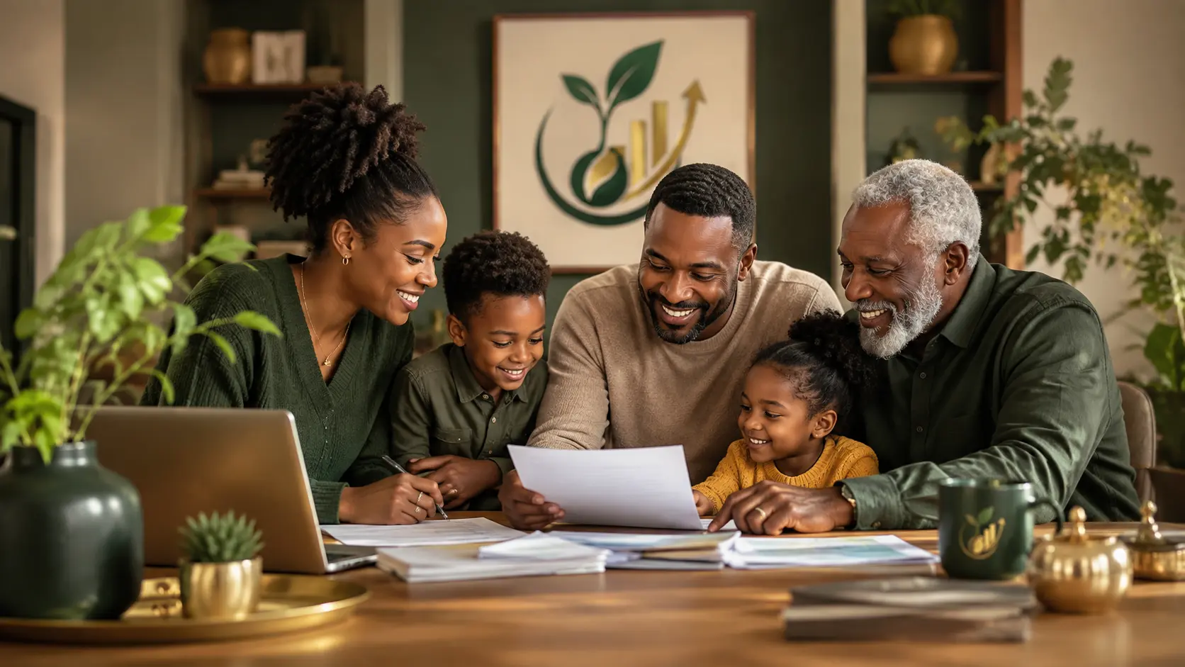 Three generations of a family reviewing their financial plan together at a table