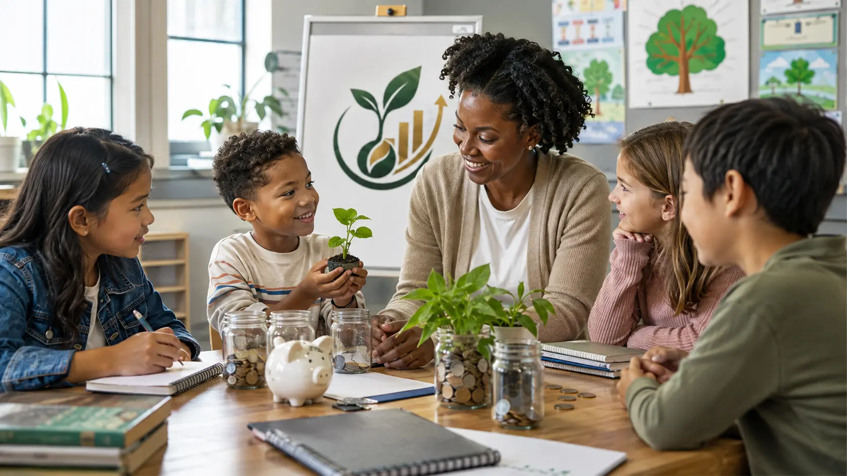 A teacher showing children how saving jars and a small plant grow over time