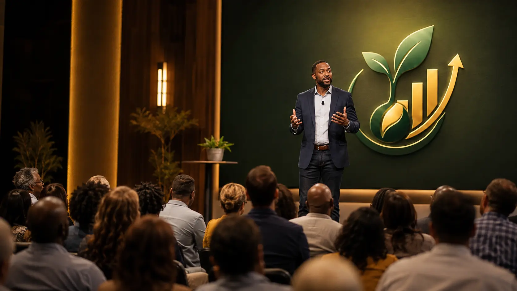 A speaker teaching Biblical financial stewardship to a live audience