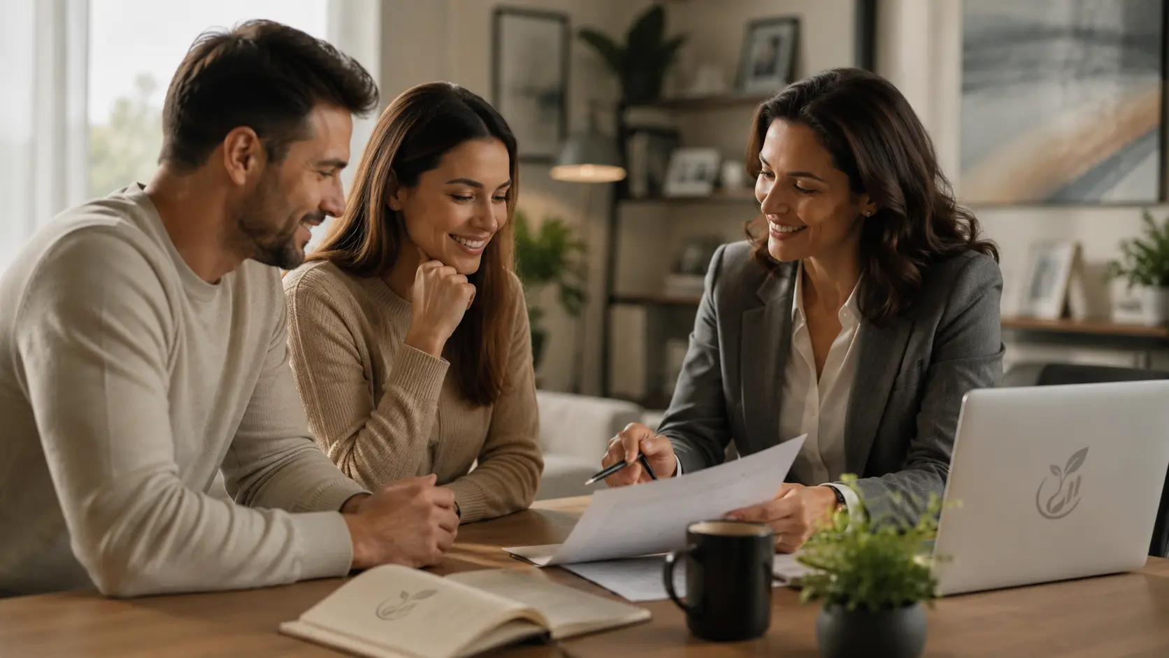 A couple reviewing a written financial plan with a mentor